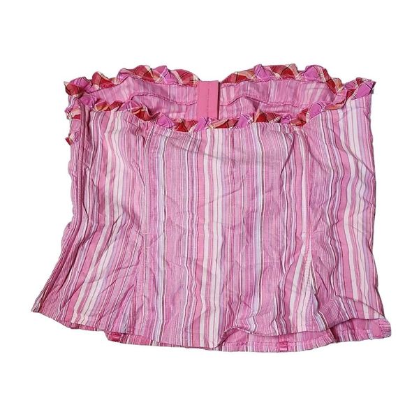 Vintage 90s y2k vertical stripe frilly plaid pink cotton bustier corset straples - Picture 2 of 4